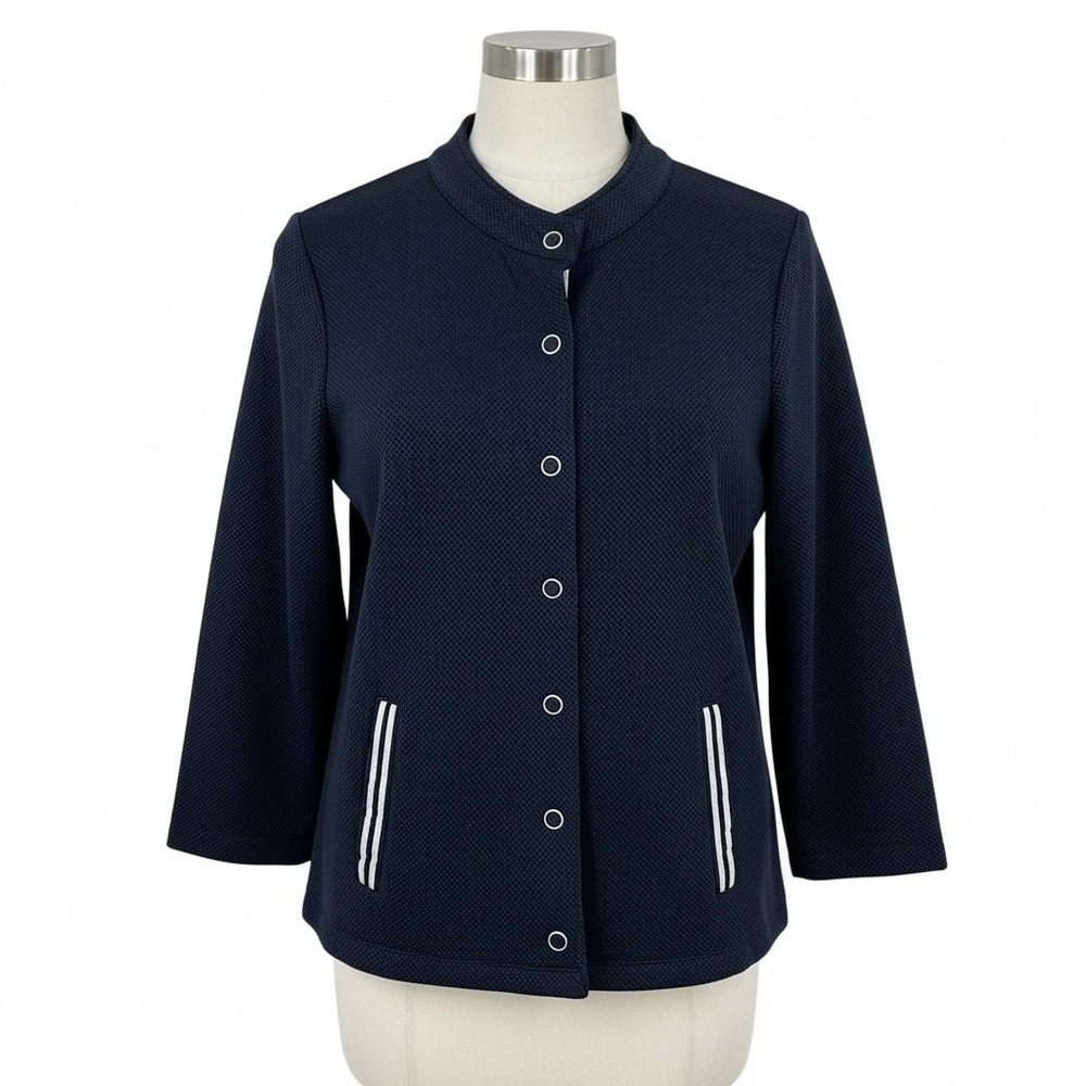 Onque Casual Womens Navy Blue‎ Textured Snap Front Jacket Size Medium